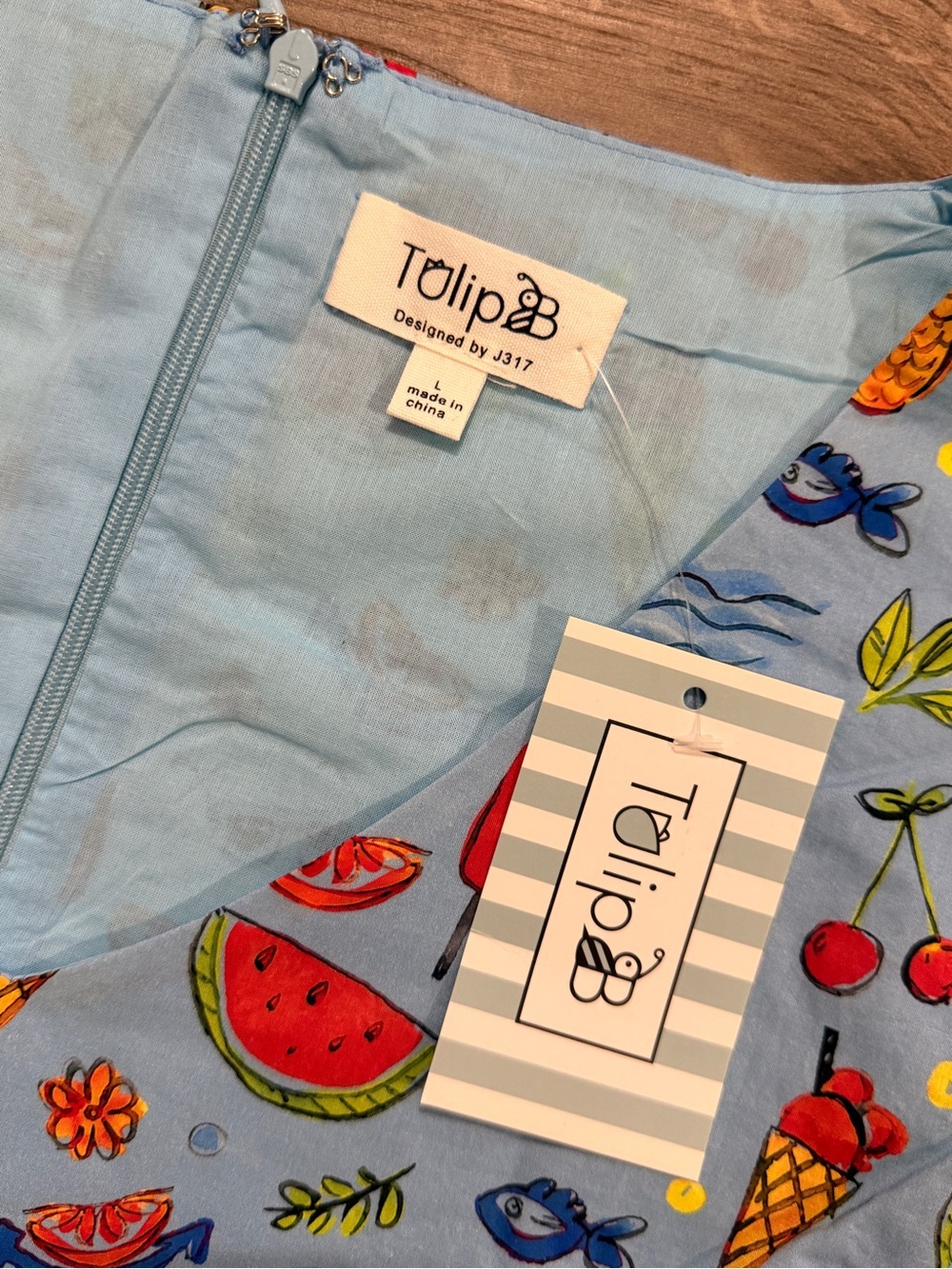 NWT TulipB Blue Fruit Print Cotton Fit & Flare Dress Large Summer Tie Waist - Picture 5 of 9